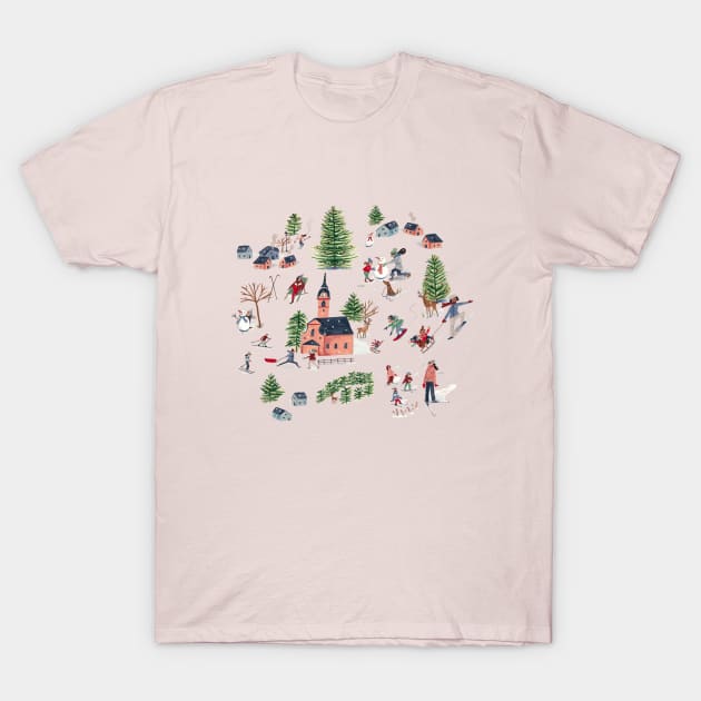 Cute nordic alpine skiing lodge cosy chalet winter landscape scene T-Shirt by CarolineBMuller